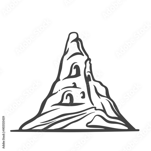 Traditional rock-cut house from Cappadocia with ancient cave windows and organic shape. Iconic travel landmark in black doodle style. Vector illustration.