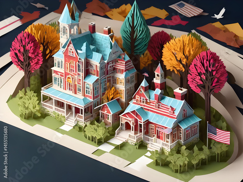 Paper Art Victorian House with Autumn Trees in Suburban Setting