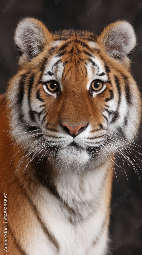 Fototapeta premium Close-up portrait of a majestic tiger with its striking black stripes and intense amber eyes set against a dark backdrop.