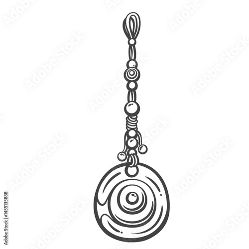 Hand-drawn Turkish nazar amulet with decorative beads and looped string. Protective talisman in ethnic doodle style. Great for travel design and cultural prints. Vector illustration.