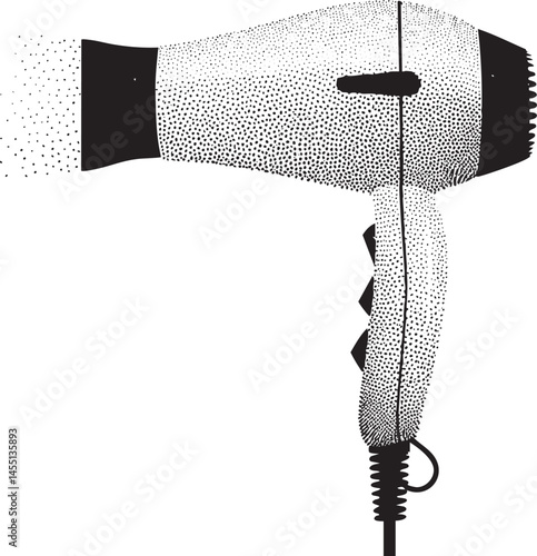 A stylized monochrome hairdryer emits a stream of dots.