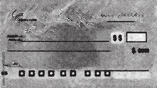 A grayscale check form displays blank fields and a numerical amount.