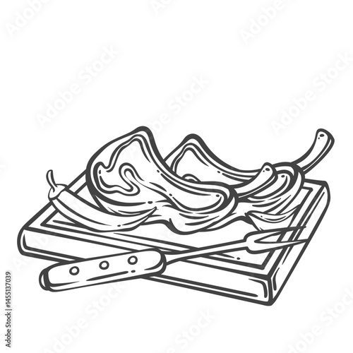 Tomahawk steak two slices on square wooden board with fork and chili line icon. Outline hand drawn sketch of raw meat chops with bones. Cooking, BBQ menu mascot, steak cuts vector illustration
