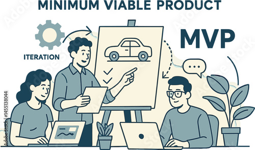Startup team working on MVP. Vector illustration of minimum viable product and iteration. Suitable for pitch decks and innovation storytelling.
