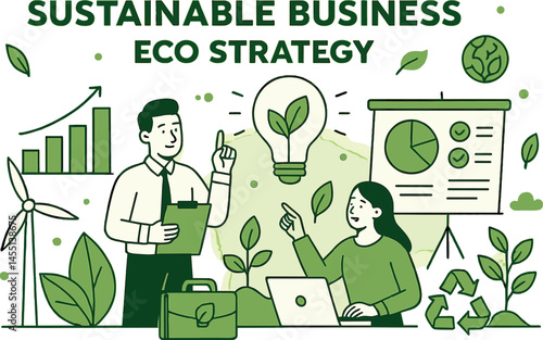 Sustainable business and eco strategy. Vector illustration of green growth, ethical planning, and innovation. Suitable for ESG content and green startups.