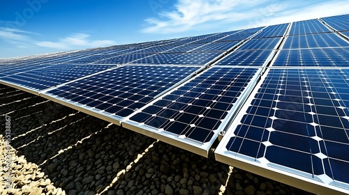 Solar panels arranged in rows against a clear sky.