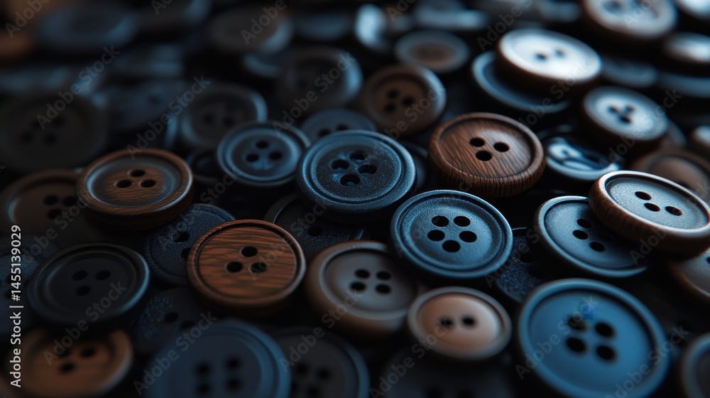 Close-up of various sewing buttons in mixed colors and textures Close-up of various sewing buttons in mixed colors and textures