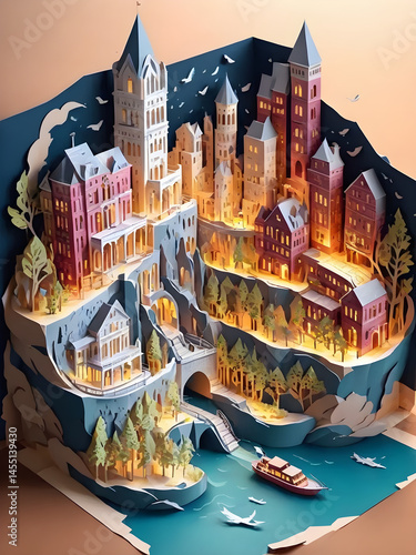 Paper Art Fantasy Cityscape with Illuminated Buildings and River