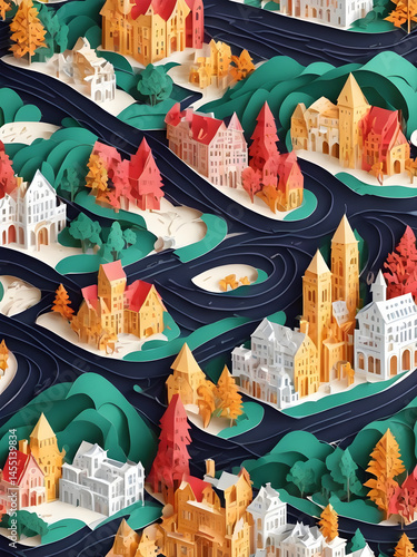 Paper Art Village Landscape with Winding Rivers and Autumn Trees