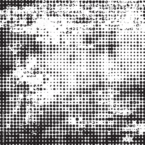 A grayscale portrait emerges from a dense field of dark and light dots.