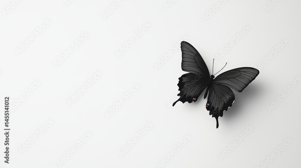 Fototapeta premium Elegant black butterfly on white background with shadow effect