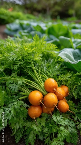 Freshly harvested round carrots with leafy green tops in an organic vegetable garden harvest