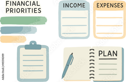 Minimalist watercolor vector set with financial priorities, income/expense tables, and brush-textured planning tools for marketing and web use