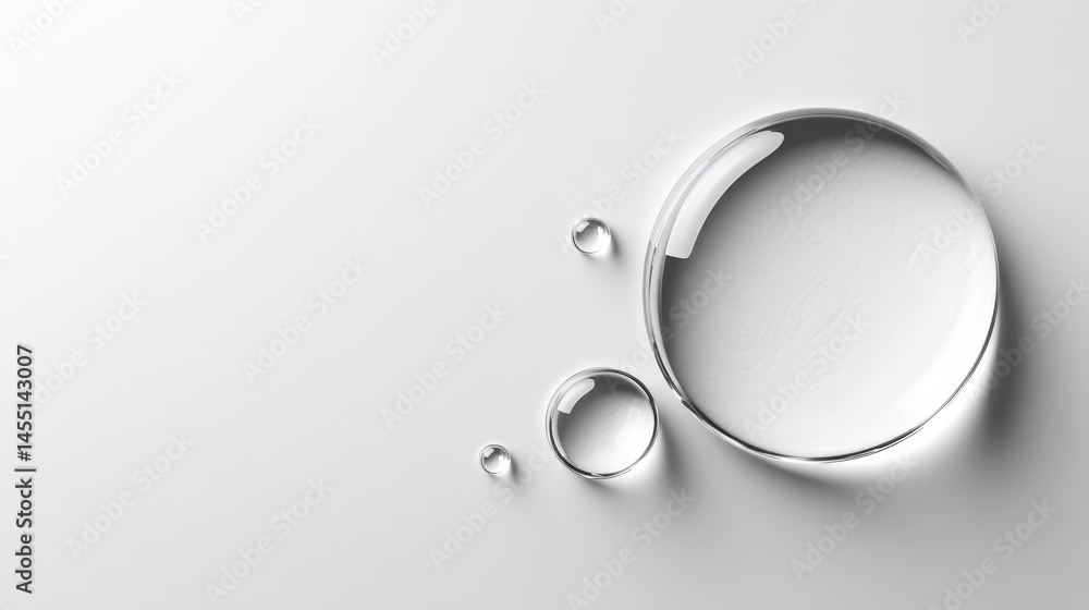Transparent water droplets on smooth white surface - minimalist design Transparent water droplets on smooth white surface - minimalist design