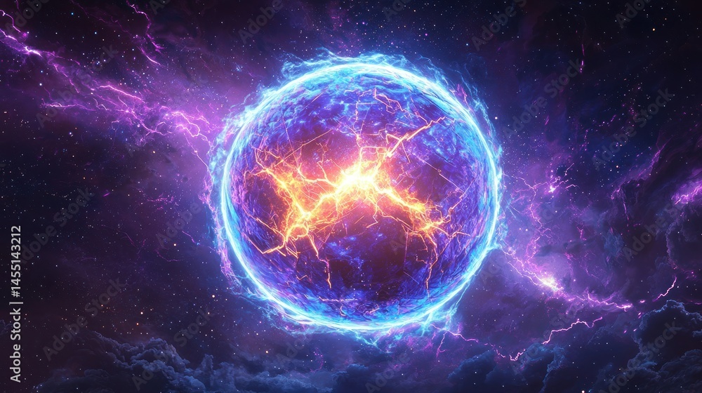 Vibrant sphere with lightning amid cosmic nebula field Vibrant sphere with lightning amid cosmic nebula field