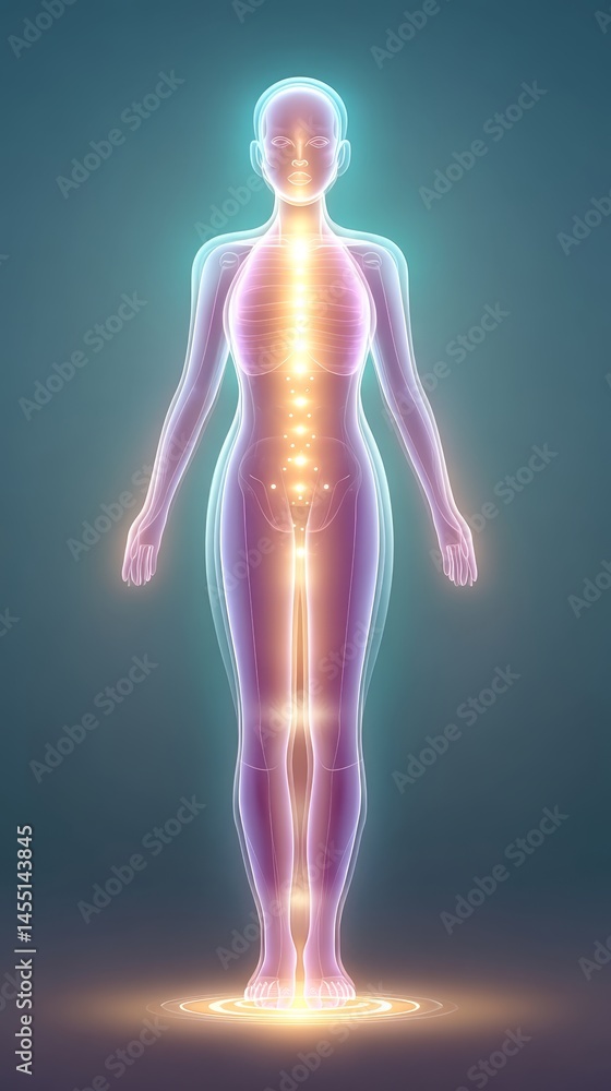 Glowing human chakra system illustration with vibrant aura colors Glowing human chakra system illustration with vibrant aura colors