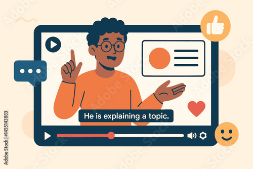 Video tutorial scene. Vector illustration of a person explaining a topic through a video interface, with subtitles, progress line, and reactions
