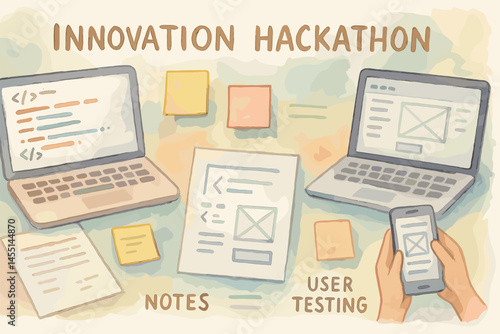 Soft watercolor vector scene of innovation hackathon, with laptops, notes, user testing, code snippets and interface wireframes