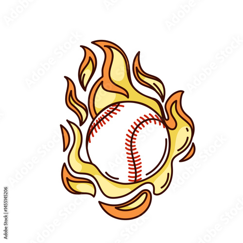 Groovy cartoon baseball ball flying fast with fire and energy. Funny retro hot flaming ball flight, speed motion. Sport mascot, cartoon baseball game sticker of 70s 80s style vector illustration