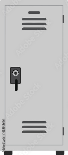 Grey metal locker with combination lock and ventilation slots vector illustration in simple style 
