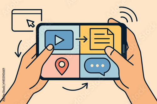 Vector illustration of multi-tasking on a smartphone with split screen apps, drag and drop features, and gesture control