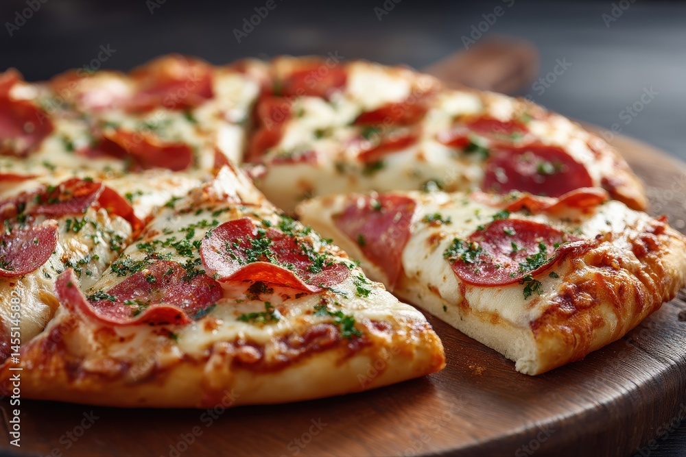 A delicious pepperoni pizza, freshly baked and ready to be devoured. The melted cheese and savory pepperoni create a mouthwatering image. A delicious pepperoni pizza, freshly baked and ready to be devoured. The melted cheese and savory pepperoni create a mouthwatering image.