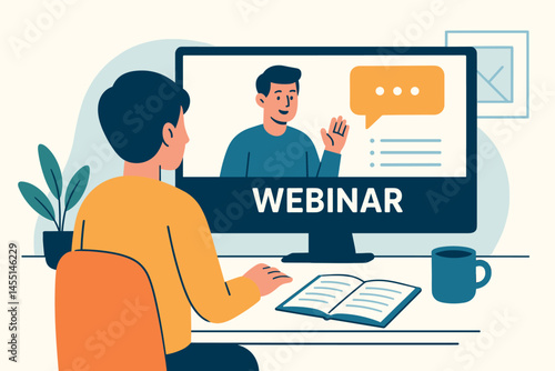 Freelancer attending webinar on large screen, notebook ready, and coffee on desk. Vector illustration