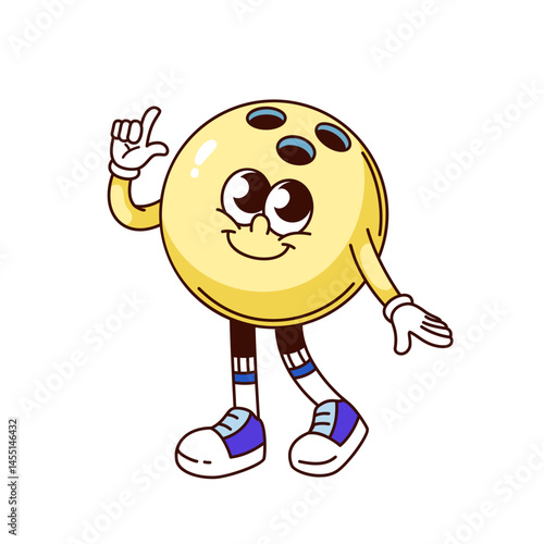 Groovy bowling ball cartoon character walking and waving. Funny retro yellow ball with holes and friendly smile. Sport, bowling tournament mascot, cartoon sticker of 70s 80s style vector illustration