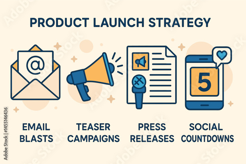 Vector illustration of product launch strategy including email blasts, teaser campaigns, press releases, and social countdowns