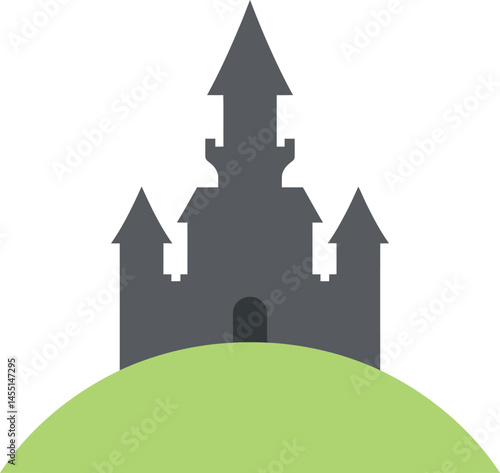 Medieval castle silhouette on green hill vector illustration with simple design and flat style 