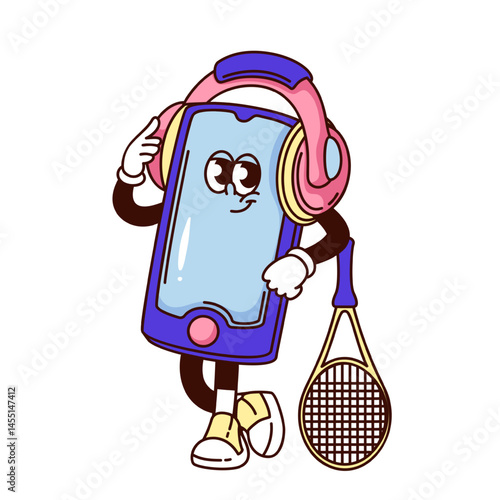Groovy smartphone cartoon character listening to music on headphones. Funny retro personage standing with tennis racket. Sport mascot, cartoon smartphone sticker of 70s 80s style vector illustration