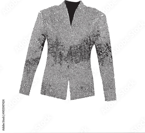A textured gray blazer with a v-neck stands isolated against a stark white background.