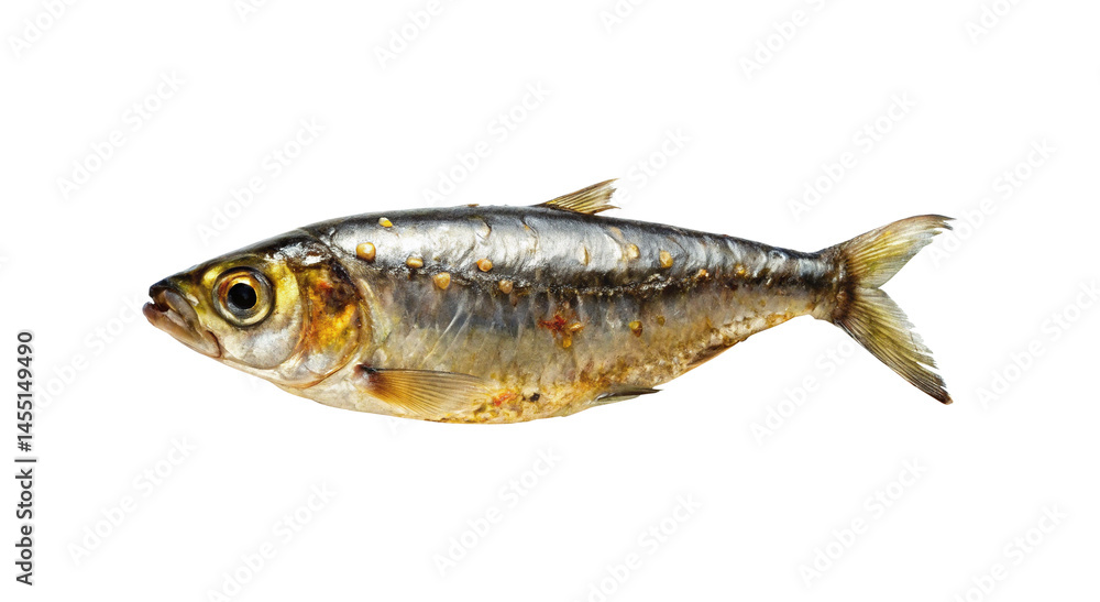 Closeup view of a single small whole roasted fish isolated on transparent background showing details of its scales and texture Closeup view of a single small whole roasted fish isolated on transparent background showing details of its scales and texture