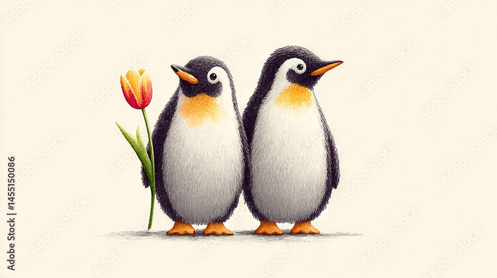 Fototapeta premium Two penguins standing together with tulips in the foreground and background