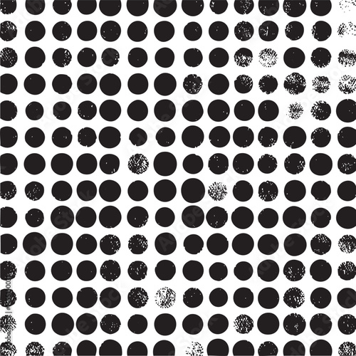 A dense grid of irregularly shaped black circles dominates a white background.