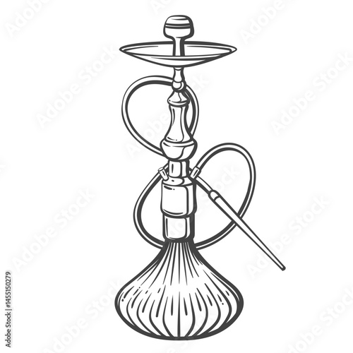 Turkish hookah with fluted glass base and long flexible hose in black doodle outline style. Classic shape with top bowl. Vector illustration for cafe design, oriental ads, or travel themes.