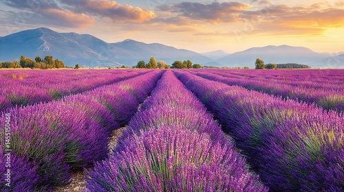 Wallpaper Mural  A field of lavender blooms facing a mountain range as the sun sets behind them in the distance Torontodigital.ca