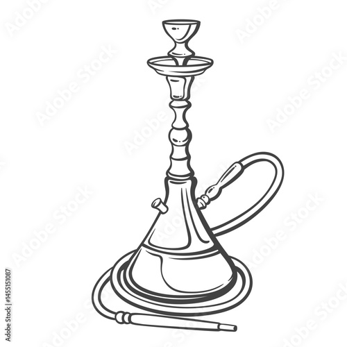 Turkish hookah in black doodle style. Traditional shisha, nargile, and waterpipe used for smoking flavored tobacco. Vector illustration for cafe design, oriental decor, or travel themes.