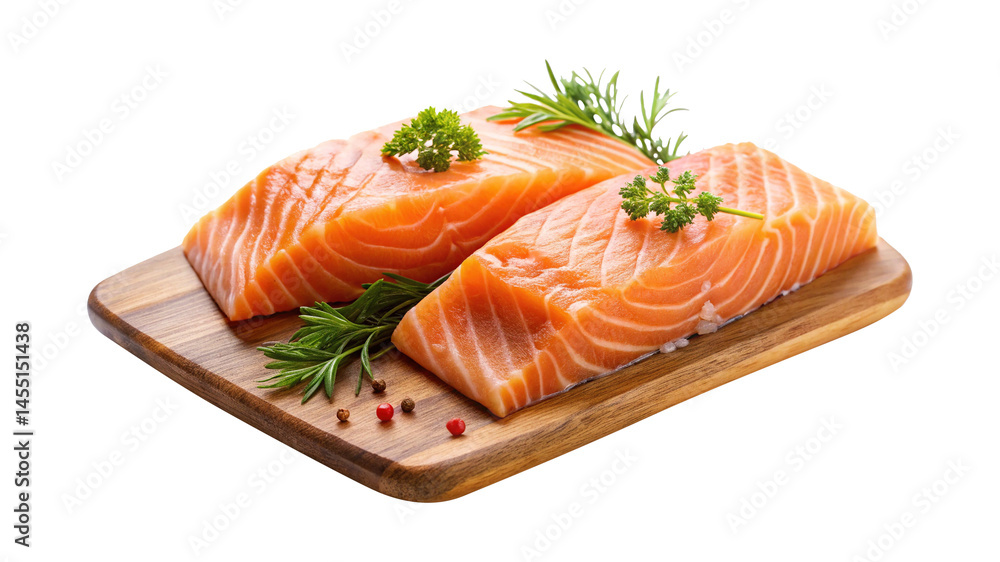 Fresh Raw Salmon Filets on Wooden Cutting Board with Herbs and Peppercorns Fresh Raw Salmon Filets on Wooden Cutting Board with Herbs and Peppercorns