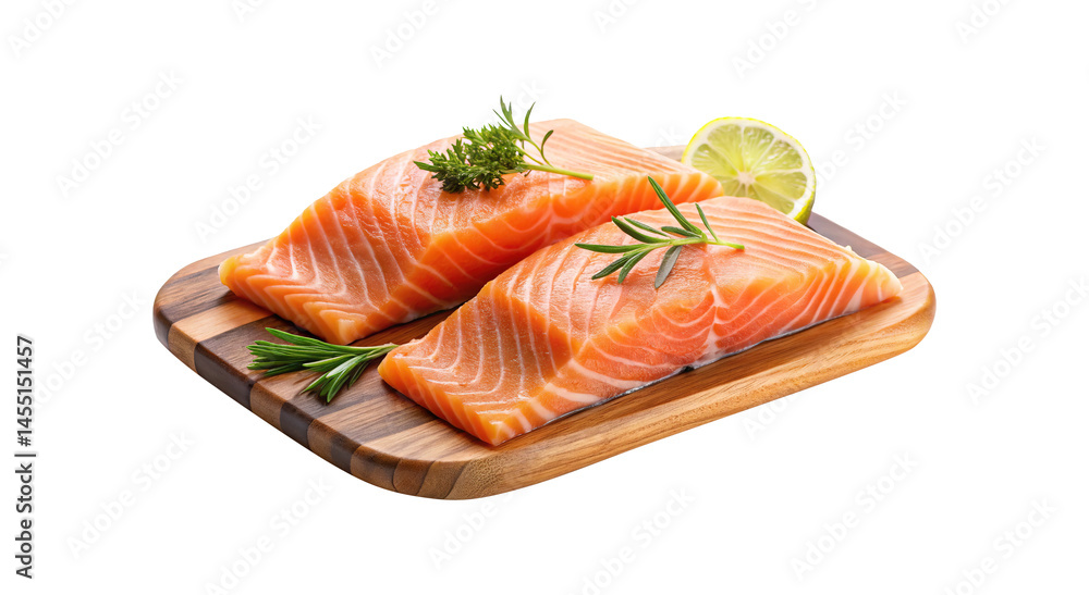Fresh Raw Salmon Filets on Wooden Cutting Board with Lime and Herbs Fresh Raw Salmon Filets on Wooden Cutting Board with Lime and Herbs