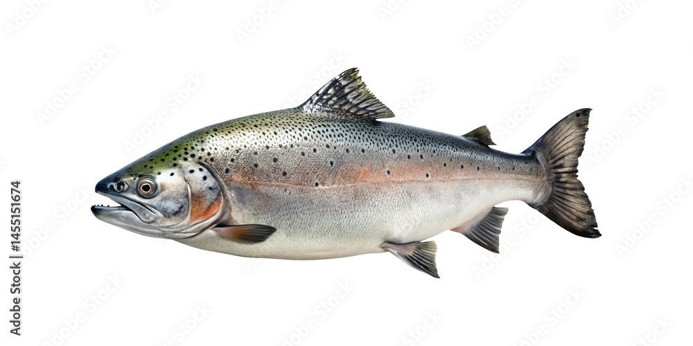 Naklejka premium Closeup view of a large Atlantic salmon fish isolated on transparent background showing detailed scales fins and body