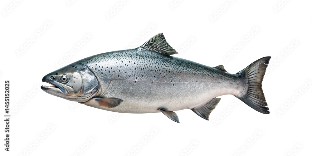 Fototapeta premium Closeup view of a fresh whole Chinook salmon fish isolated on transparent background showing detailed scales and fins