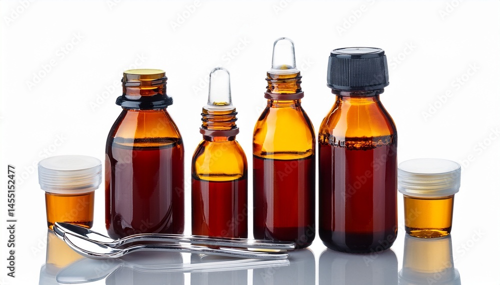 dark glass bottles of cough syrup with dosage spoons isolated on white background dark glass bottles of cough syrup with dosage spoons isolated on white background