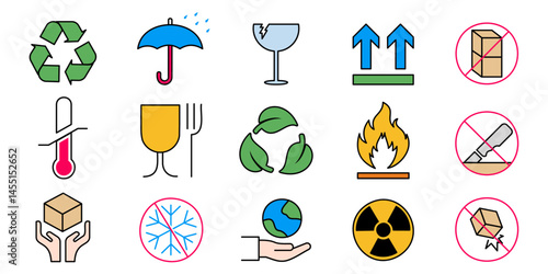 Back packaging symbol icon vector set featuring fragile, recyclable, flammable, and waterproof product handling signs for shipping boxes, logistics labels, and delivery safety sticker designs.