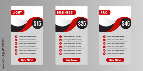 Pricing table template design for subscription plans with orange gradient theme, includes light, business, and pro package cards with feature checklists, call to action, and monthly pricing