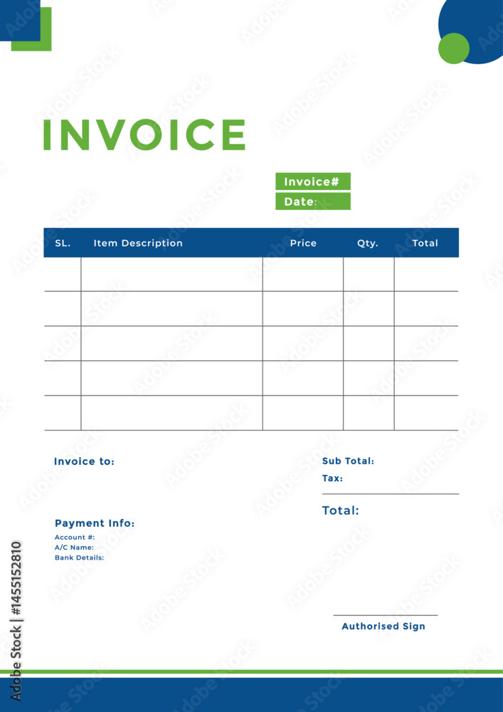 Business invoice design template with professional blue and green theme, organized columns for price, quantity, and totals, clean editable layout for financial billing and accounting documents. Business invoice design template with professional blue and green theme, organized columns for price, quantity, and totals, clean editable layout for financial billing and accounting documents.