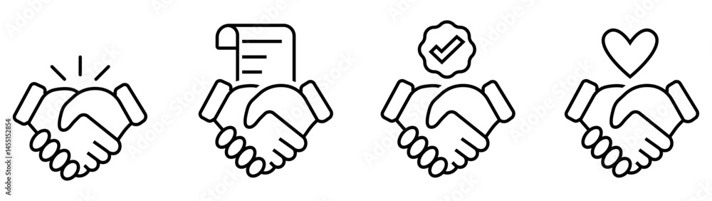 Handshake icon set featuring agreement, deal, contract, trust, and love concepts in outline vector style, perfect for business illustrations, corporate icons, and UI design elements Handshake icon set featuring agreement, deal, contract, trust, and love concepts in outline vector style, perfect for business illustrations, corporate icons, and UI design elements