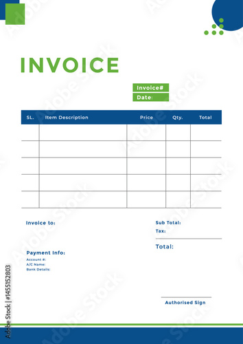 Business invoice template with green and blue accent colors, clean layout, editable table for pricing and quantities, document format for billing, finance, and payment statement use.