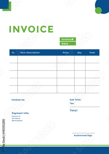 Business invoice design template with professional blue and green theme, organized columns for price, quantity, and totals, clean editable layout for financial billing and accounting documents.