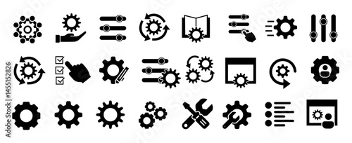Collection of black glyph-style vector icons representing settings, configuration, customization, process management, user preferences, and system tools design